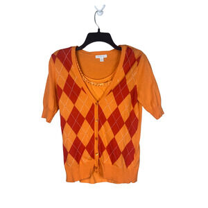 New‎ York & Company Argyle Diamond Orange Short Sleeve Cardigan Tank Size Small